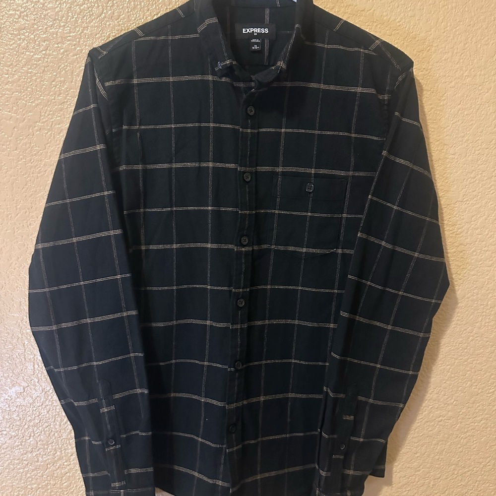 Express Men's Dark Checkered Button Down Shirt